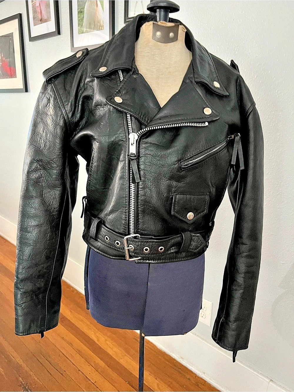 Woman's black leather cropped moto jacket
